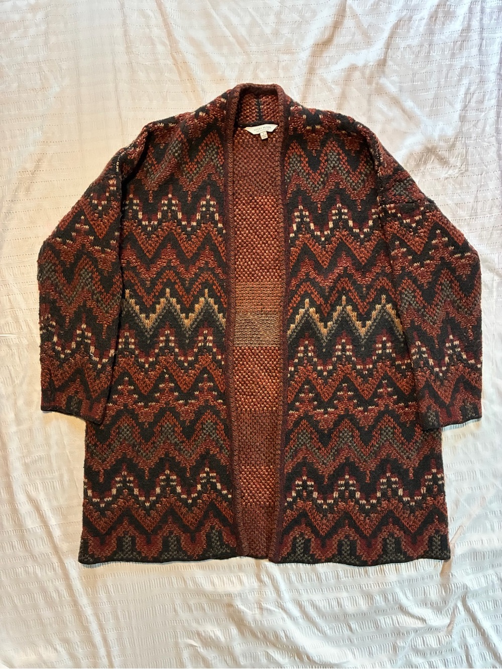 Lucky Brand Southwest Aztec Open Front Cardigan Sweater Size Large Brown Rust